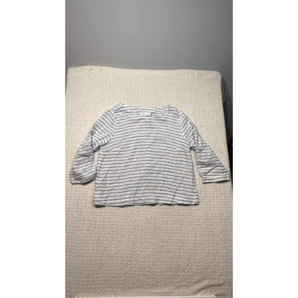 Halston Womens Blue White Striped 100% Linen Boat Neck 3/4 Sleeve Top Large